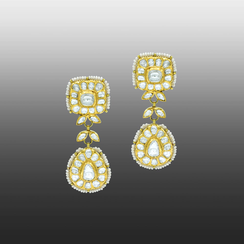 Polki Square Necklace Set with Polki Leaves and Pear Drop